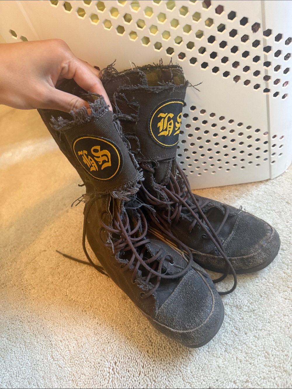 Black Canvas High-Top Boots with Yellow Patch Camo Interior